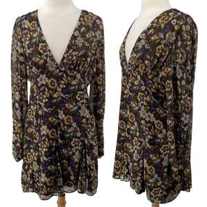 Zara Floral Print Mini Dress V Neck Long Sleeve Empire Waist Green Purple XL